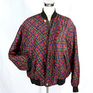 Vintage Kriss Kross Womens Silk Plaid Tartan Zip Front Bomber Jacket 1980s M